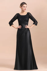 Elegant Jewel 3/4 Sleeves Black Satin Lace Ruffles Mother of Bride Dress On Sale